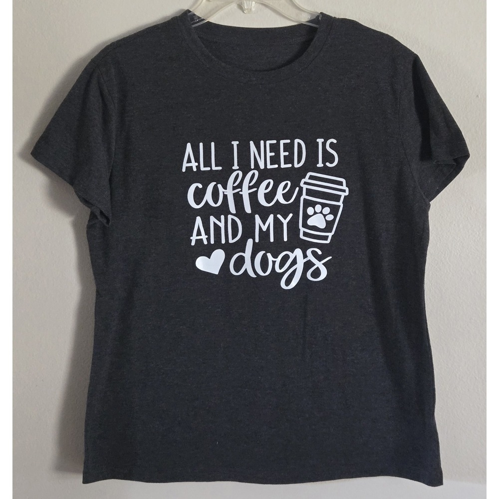 Womens Dogs Coffee Graphic T Shirt Size L Dark Gray Casual Polyester Tee